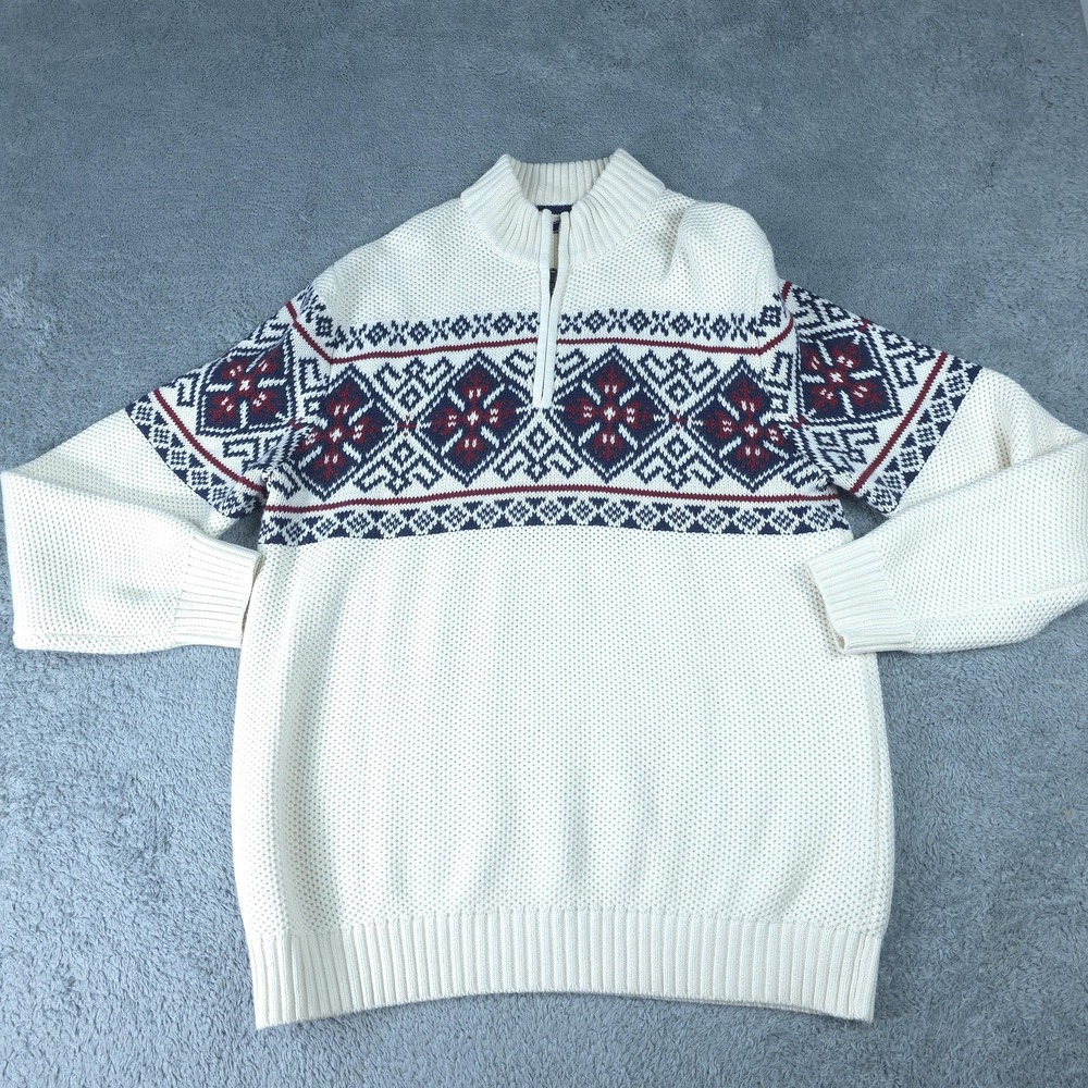IZOD Sweater Mens XL White Fair Isle 1/4 Zip Mock Neck Waffle Knit Pullover